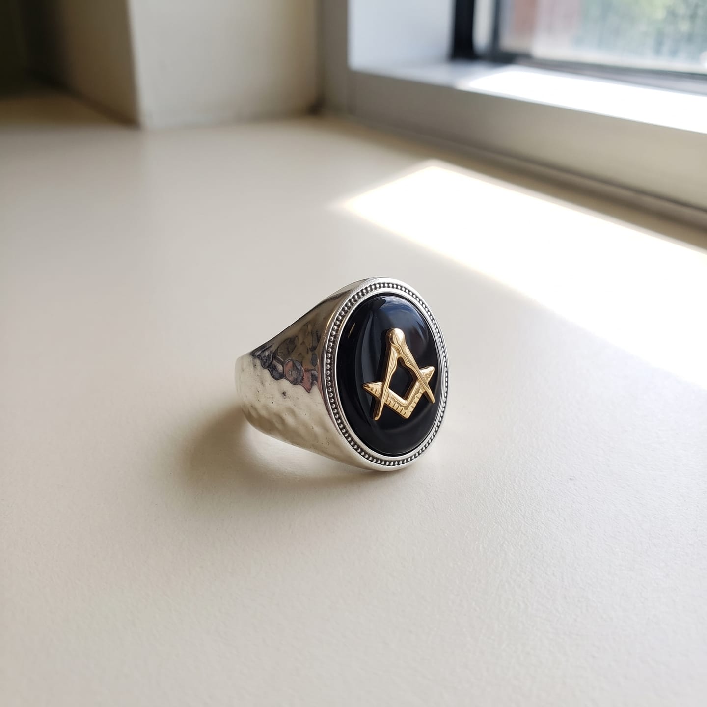 Customer photo review of Hammered Masonic Onyx Ring
