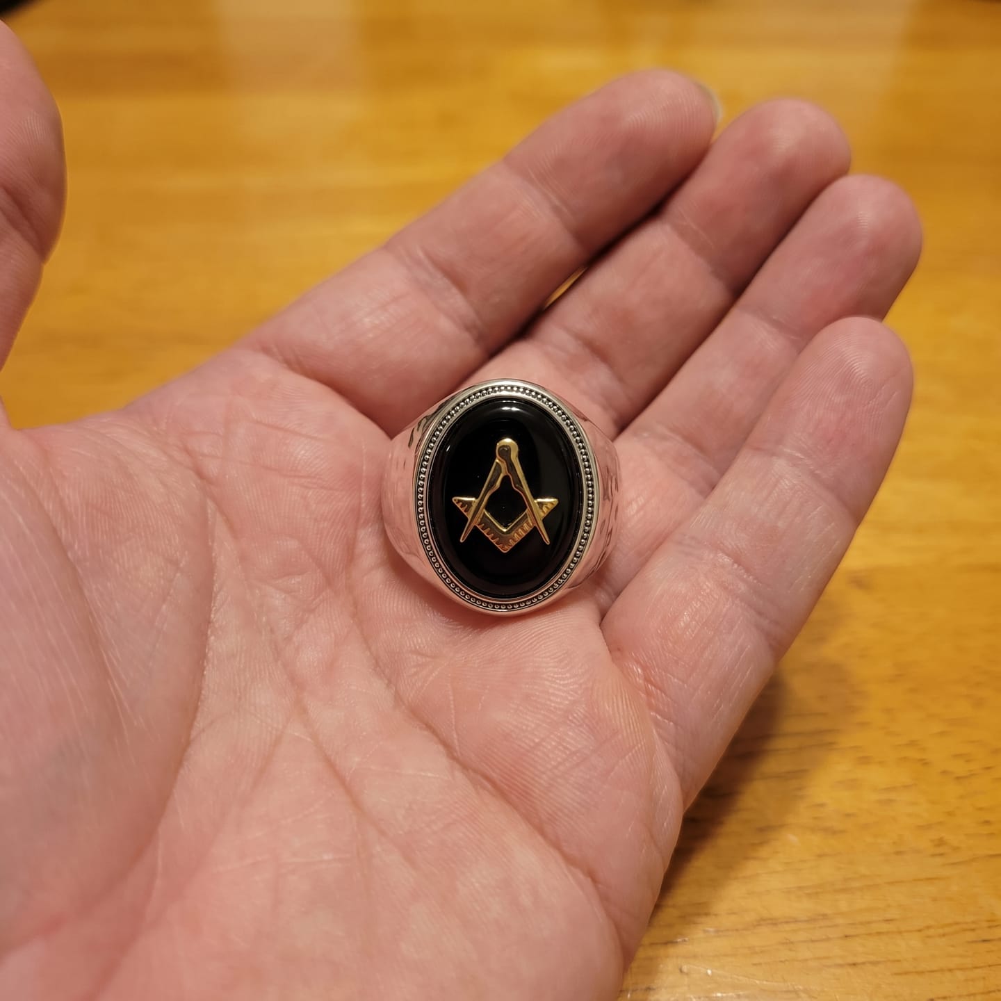 Customer photo review of Hammered Masonic Onyx Ring