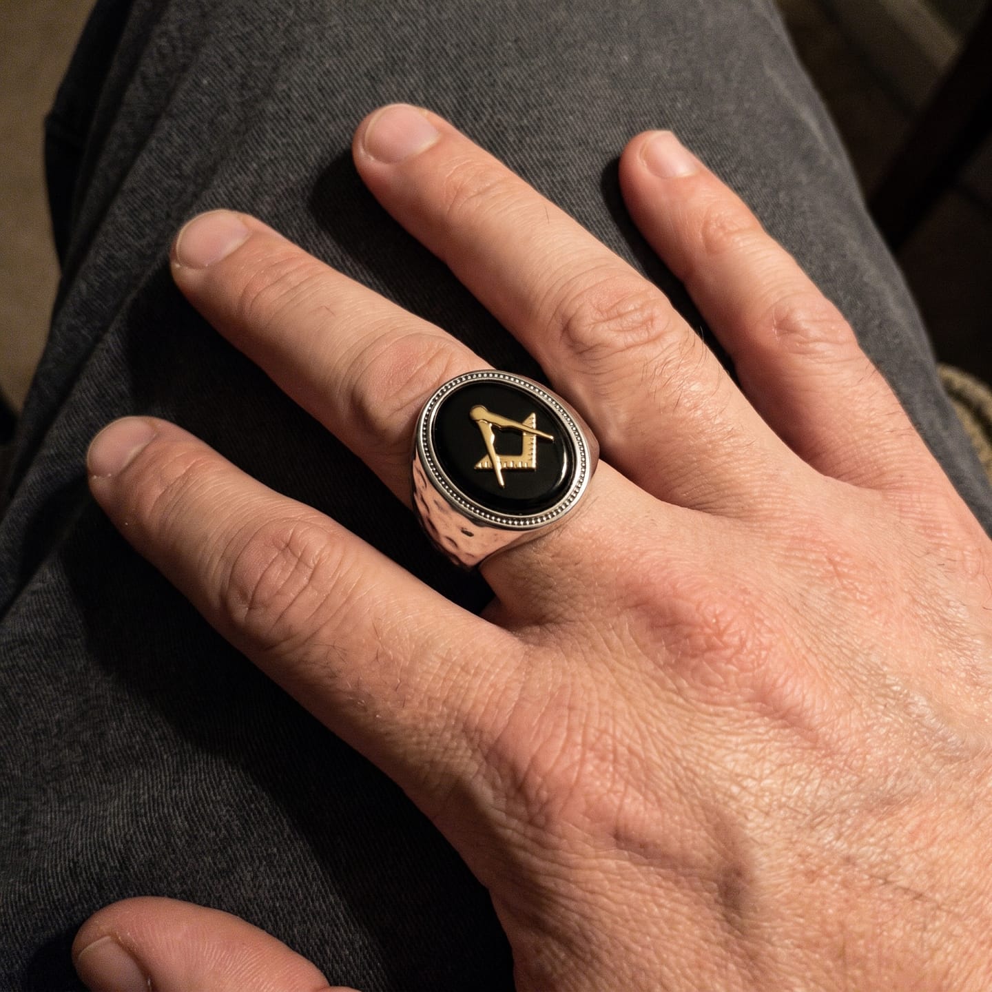 Customer photo review of Hammered Masonic Onyx Ring
