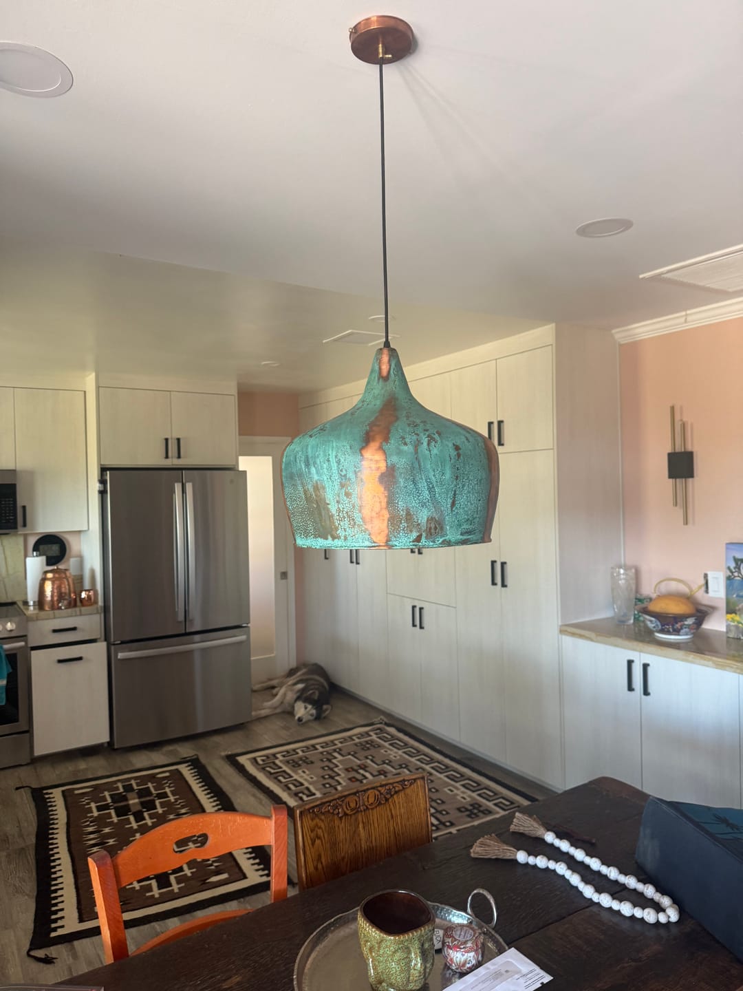 Customer photo review of Moroccan Green Patina Copper Pendant Light – Handmade Rustic Ceiling Lamp