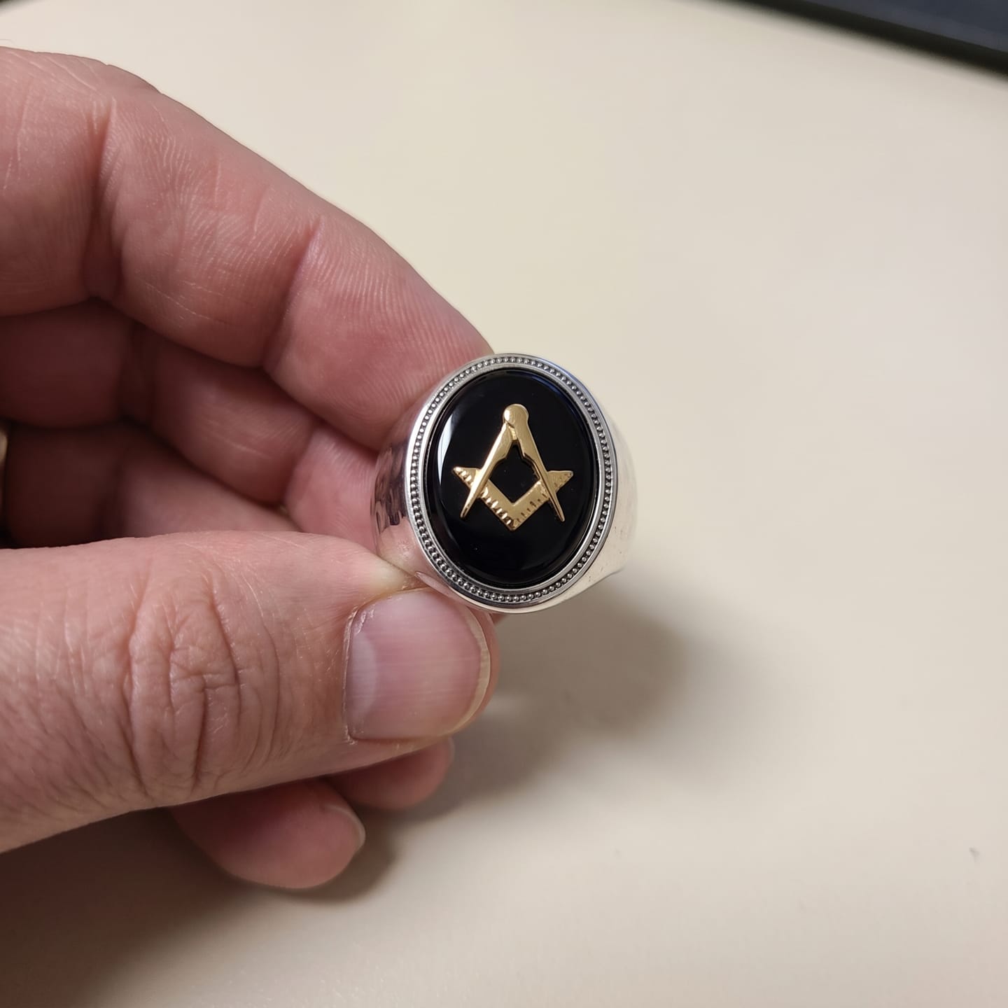 Customer photo review of Hammered Masonic Onyx Ring