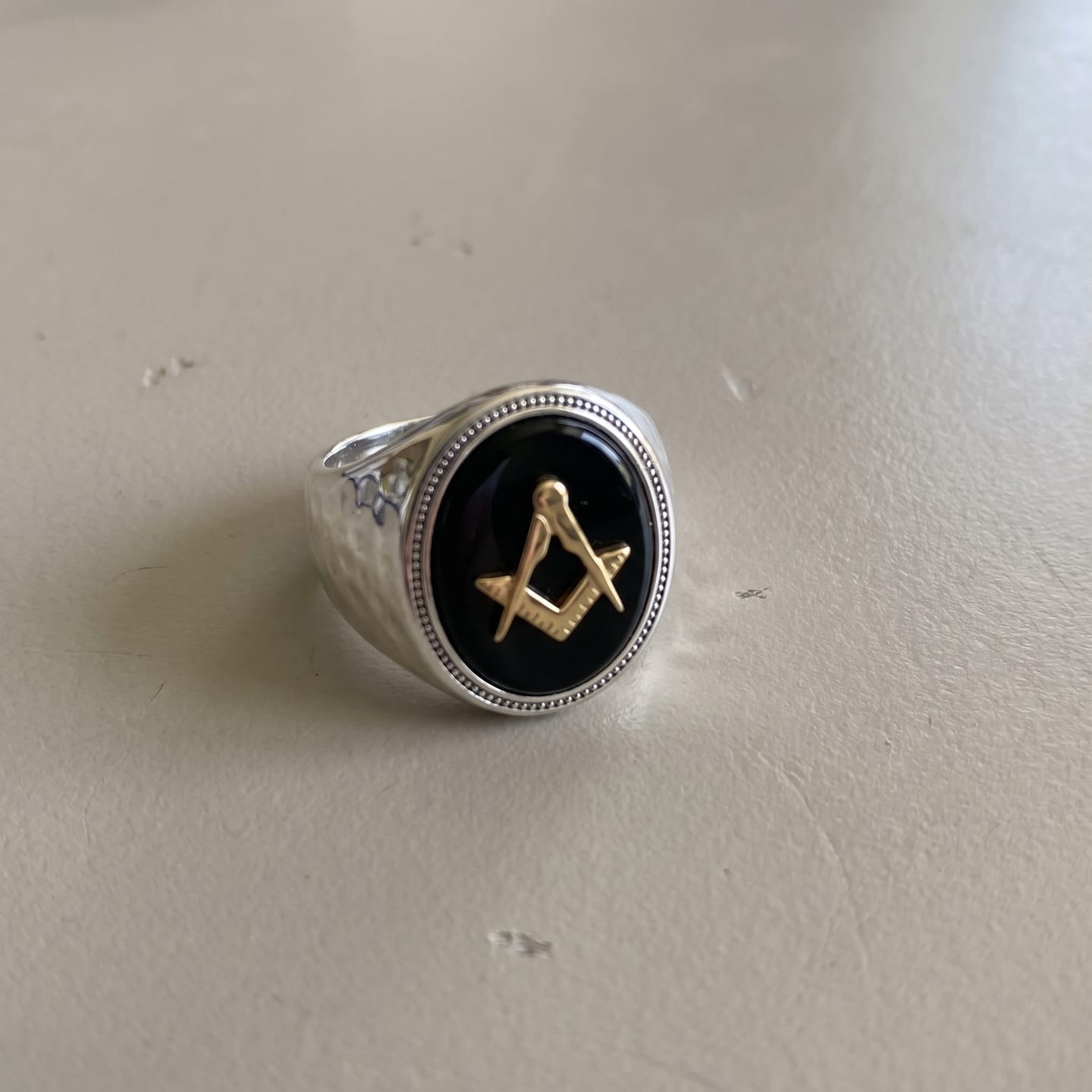 Customer photo review of Hammered Masonic Onyx Ring