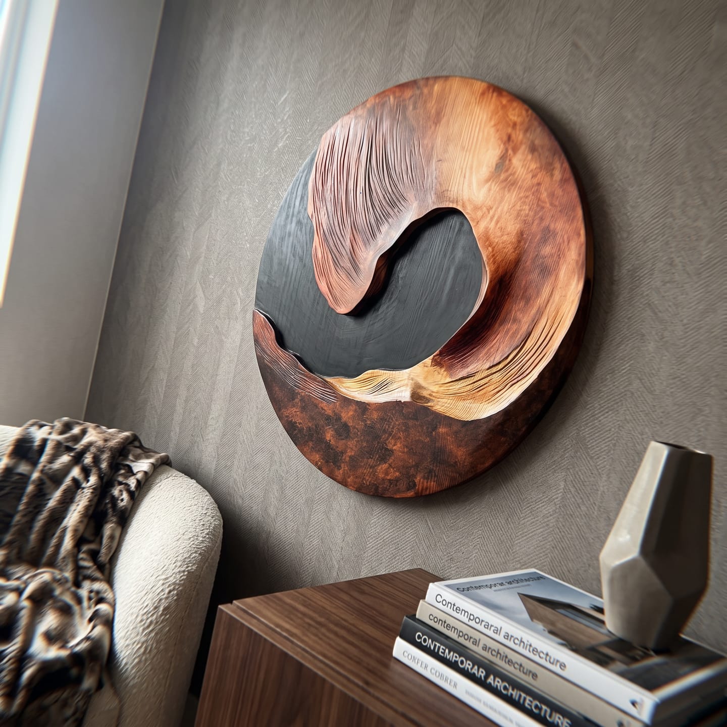 Customer photo review of Handcrafted Solid Wood Wall Sculpture with Abstract Circular Wave Form