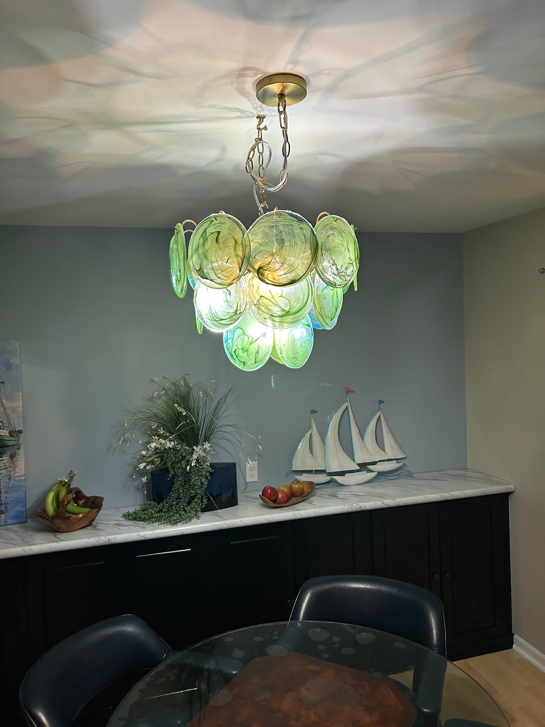Customer photo review of Art Deco Green Iridescent Swirl Glass Tiered Chandelier