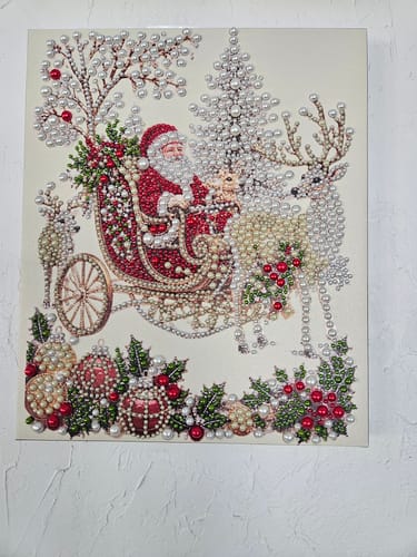 Customer's completed Christmas 3D Pearl Art DIY Kit featuring Santa in a sleigh with reindeer and festive holly.