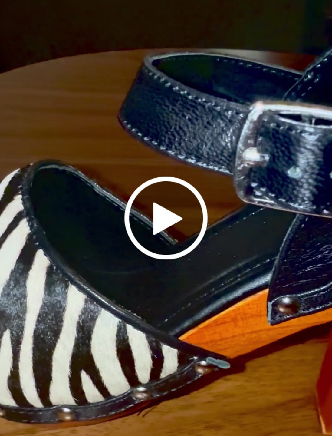 Customer video review of Rockin' Tiki - with an ankle strap - 4" hand-carved wood heels / Wild Nobility Zebra