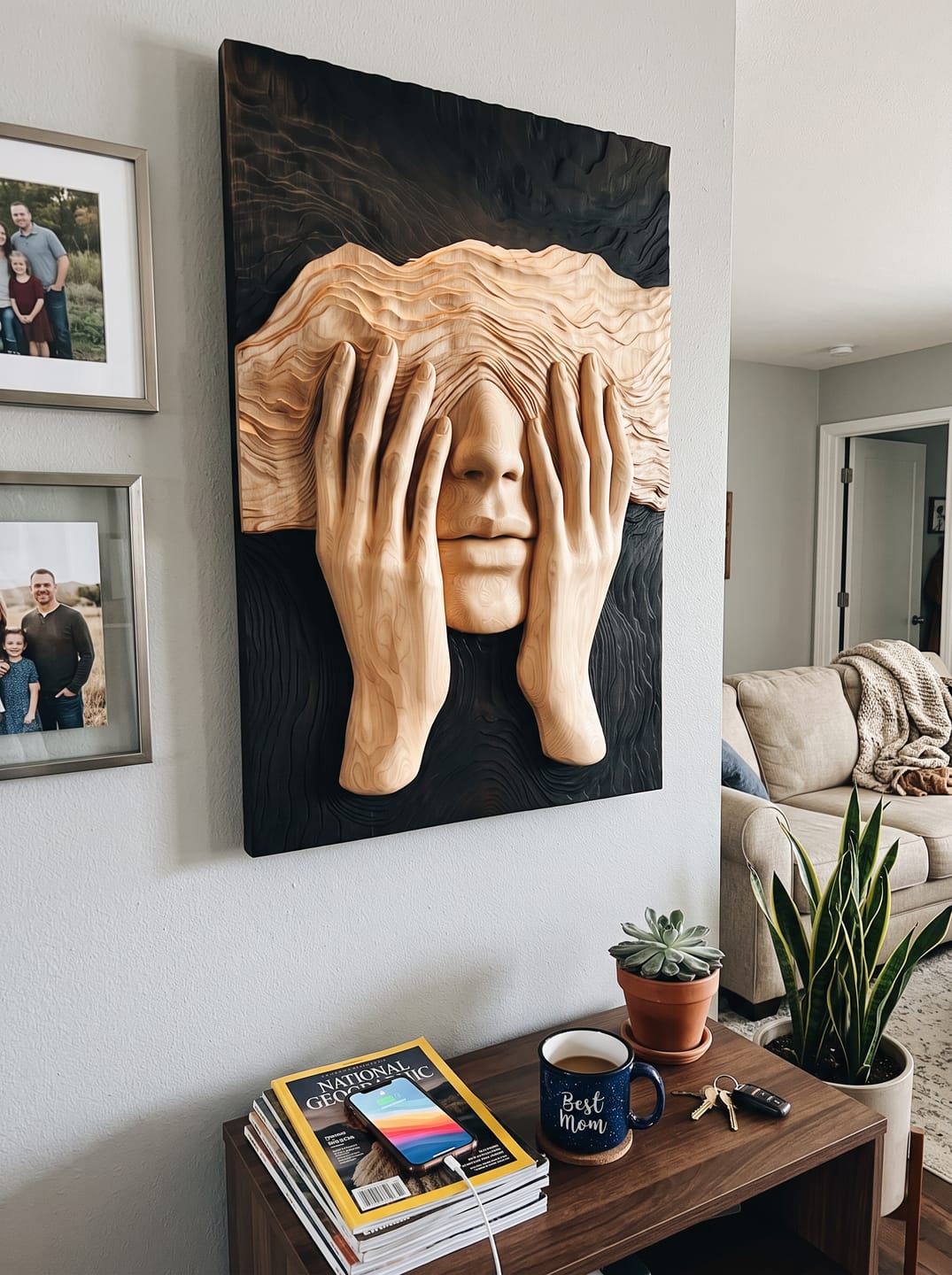 Customer photo review of Handcrafted Solid Wood Face Wall Sculpture with Layered Wave Blindfold and Sculpted Hands