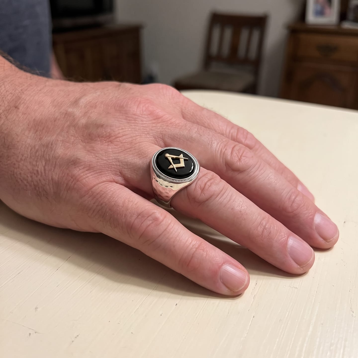 Customer photo review of Hammered Masonic Onyx Ring