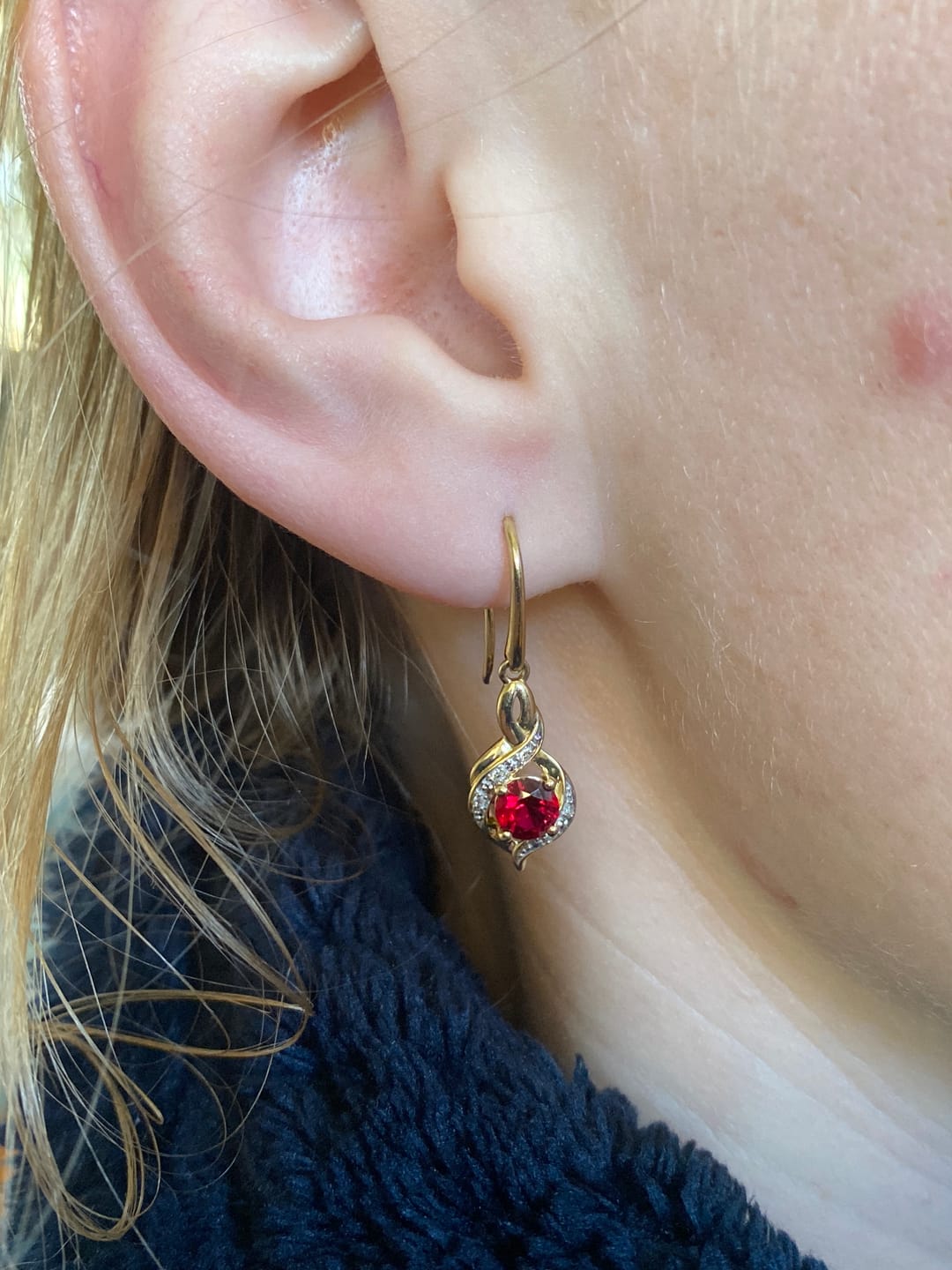Customer photo review of Created Ruby & Diamond Twist Drop Earrings in 9ct Yellow Gold