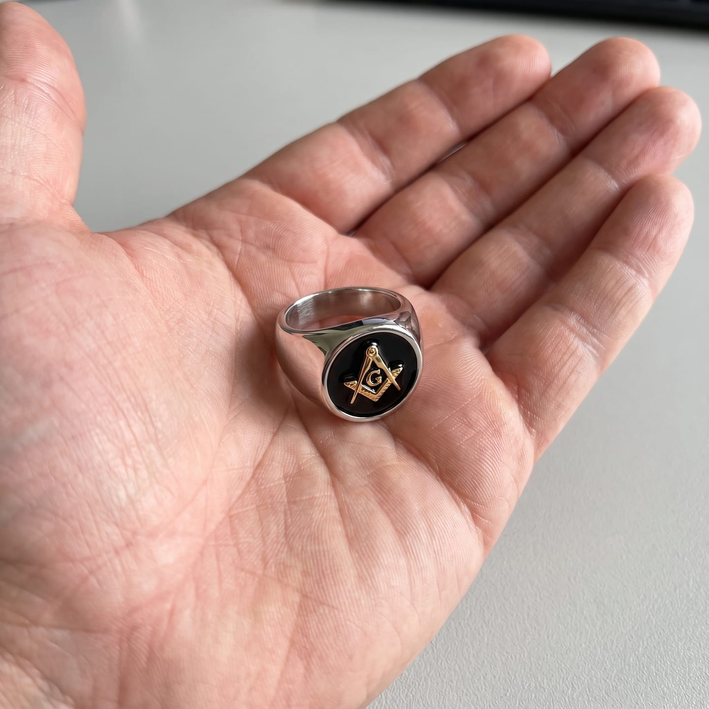 Customer photo review of Square and Compasses Signet Ring
