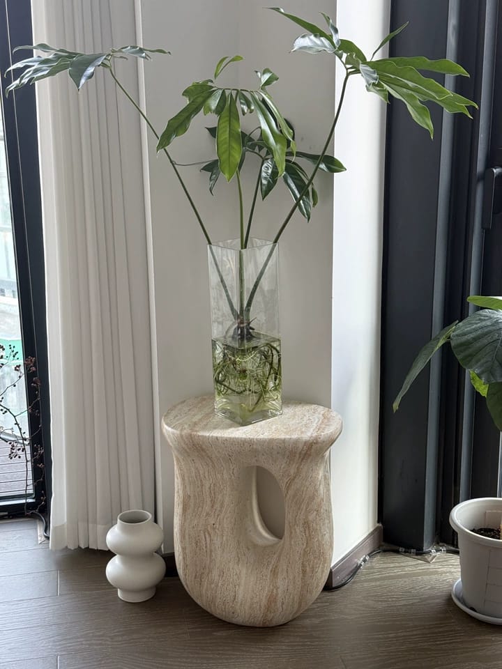 Customer photo review of Faux Travertine Stone Oval Side Table with Curved Base