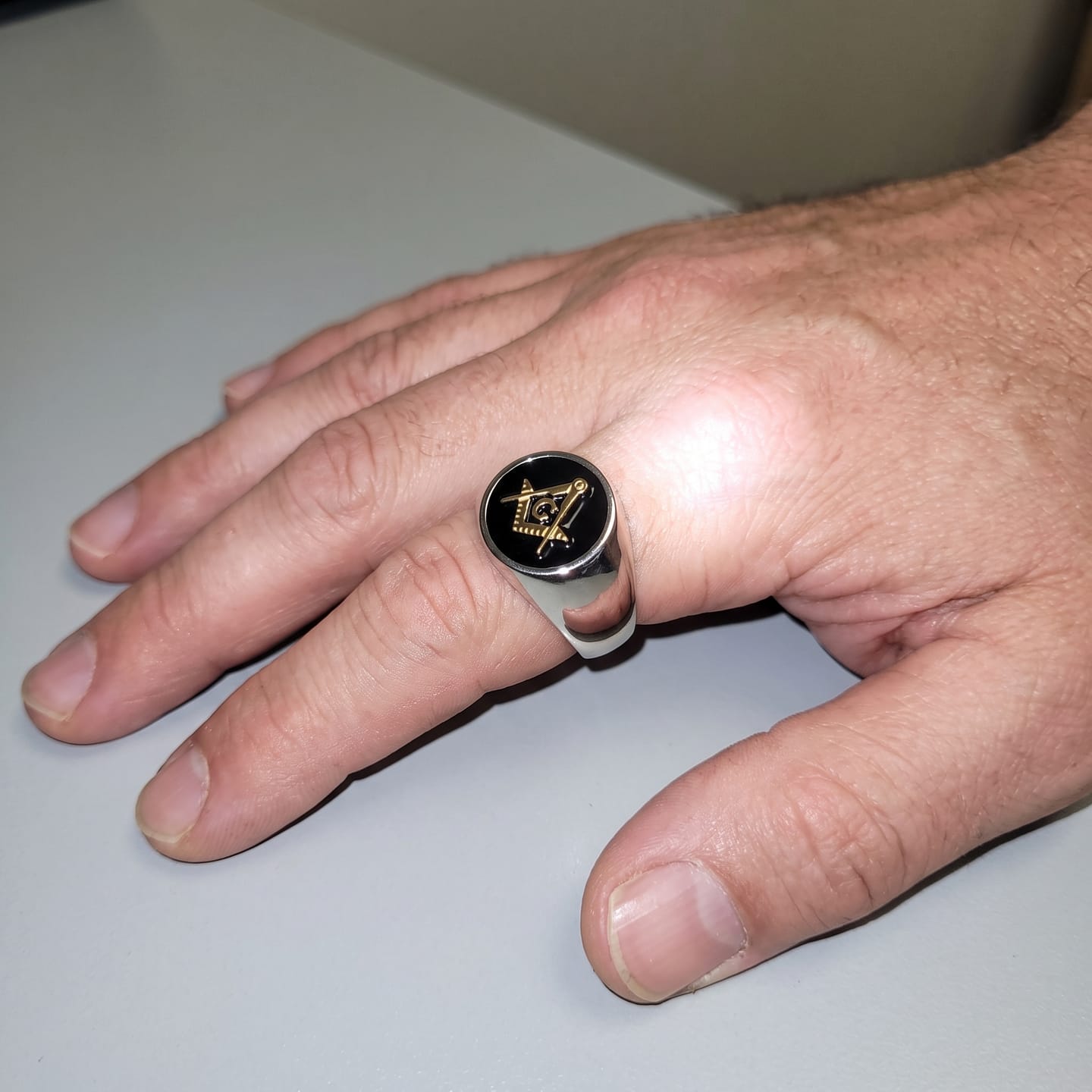 Customer photo review of Square and Compasses Signet Ring