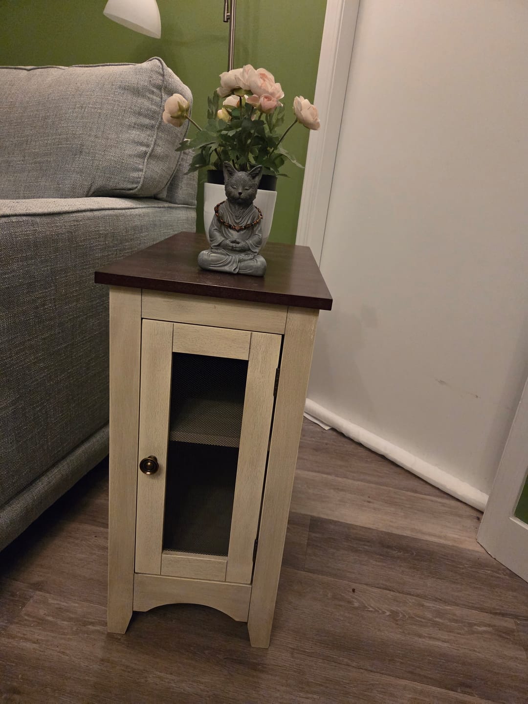 Customer photo review of Accent Table 24"H Antique White & Espresso Storage