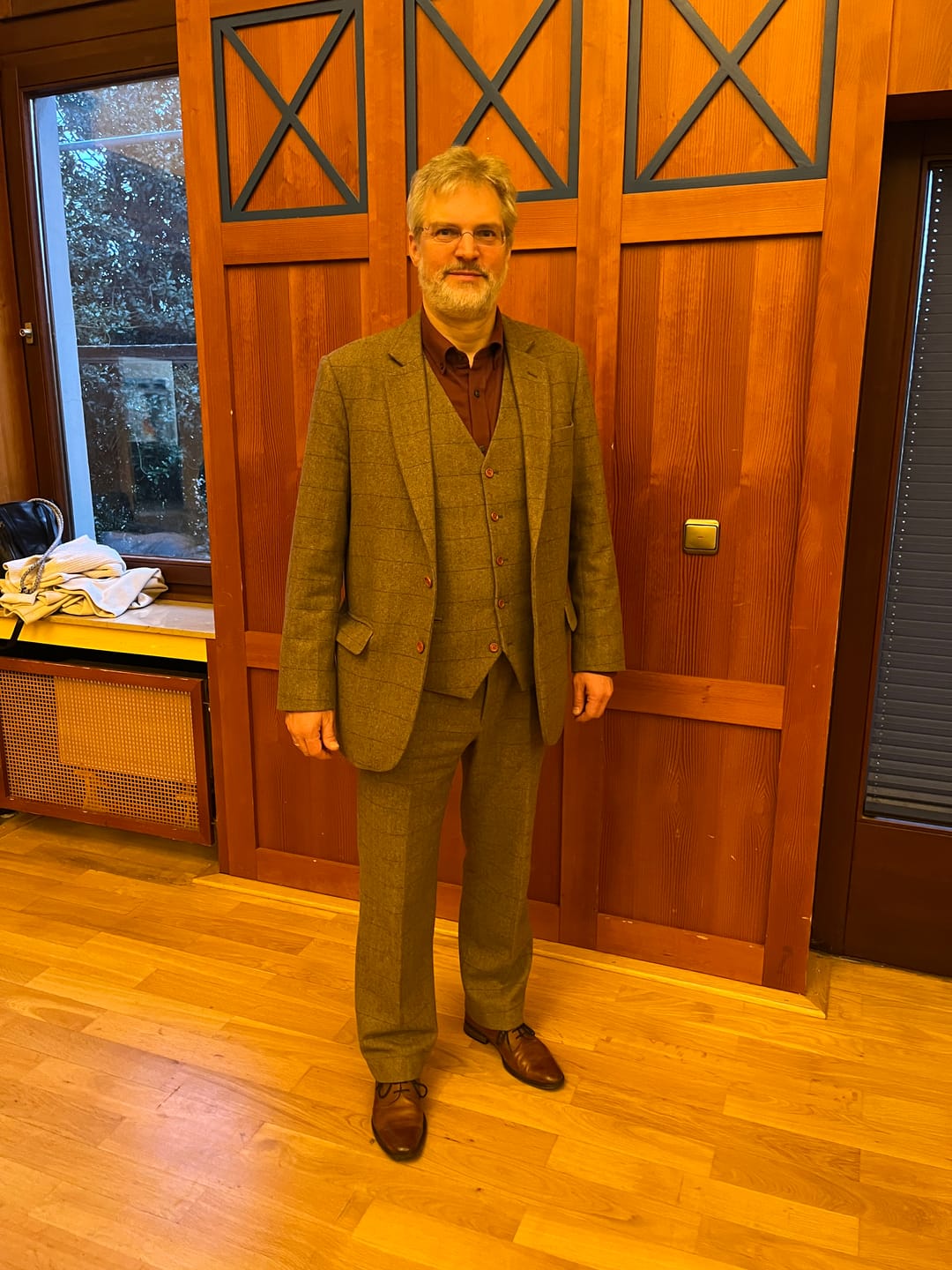 Customer photo review of Light Brown Herringbone Tweed 3 Piece Suit
