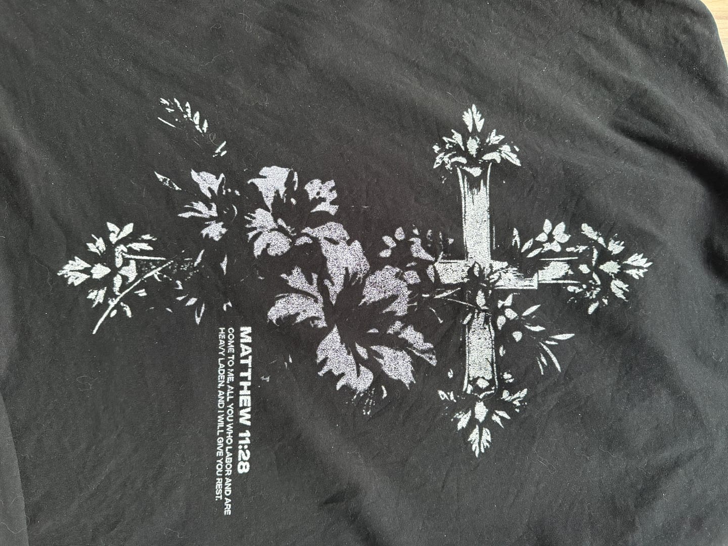 Customer photo review of Matthew 11:28 Floral Cross Oversized T-Shirt