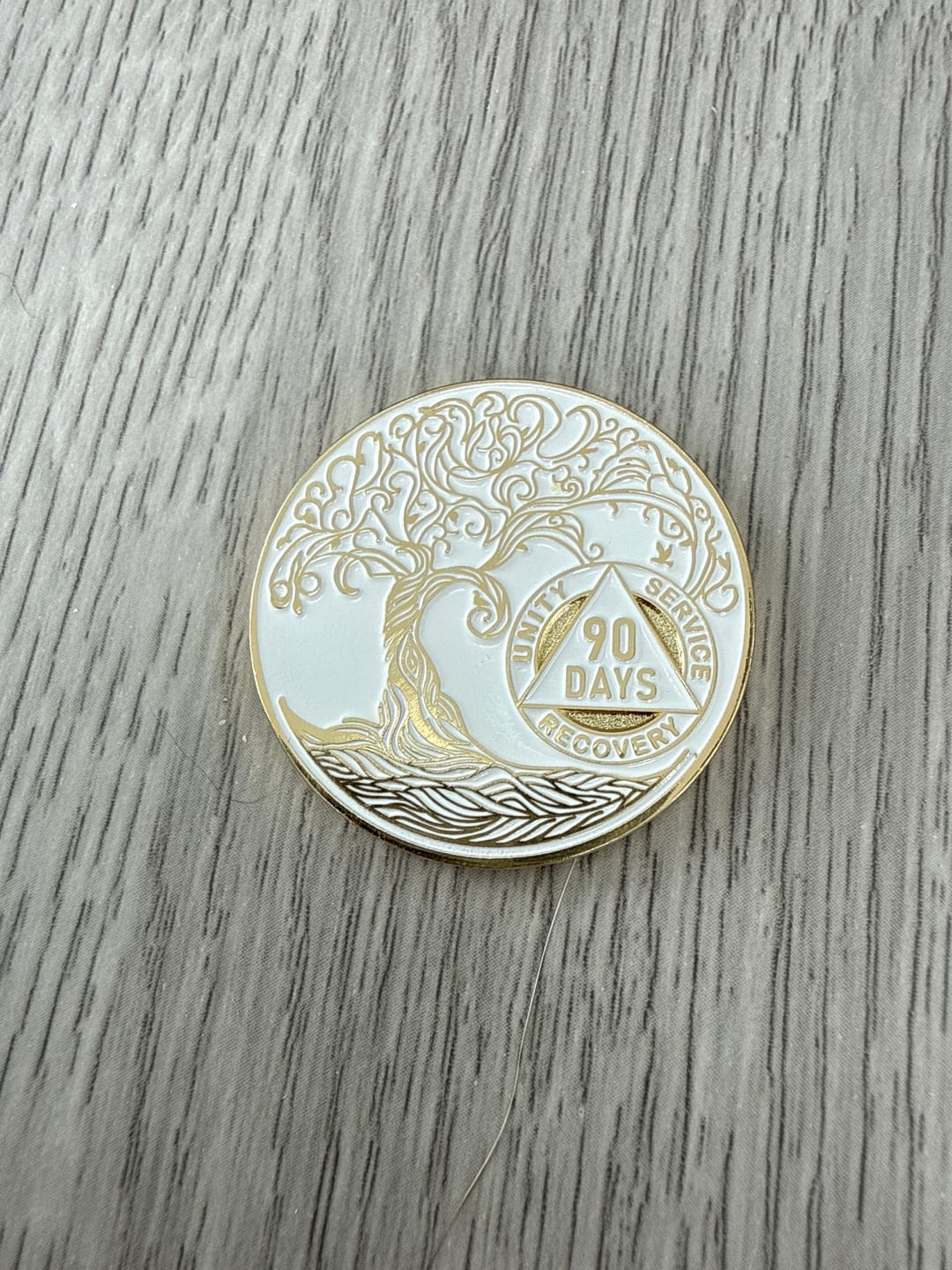 Customer photo review of 90 Days Sobriety Mint Twisted Tree of Life Gold Plated AA Recovery Medallion - 3 Months Chip/Coin - White