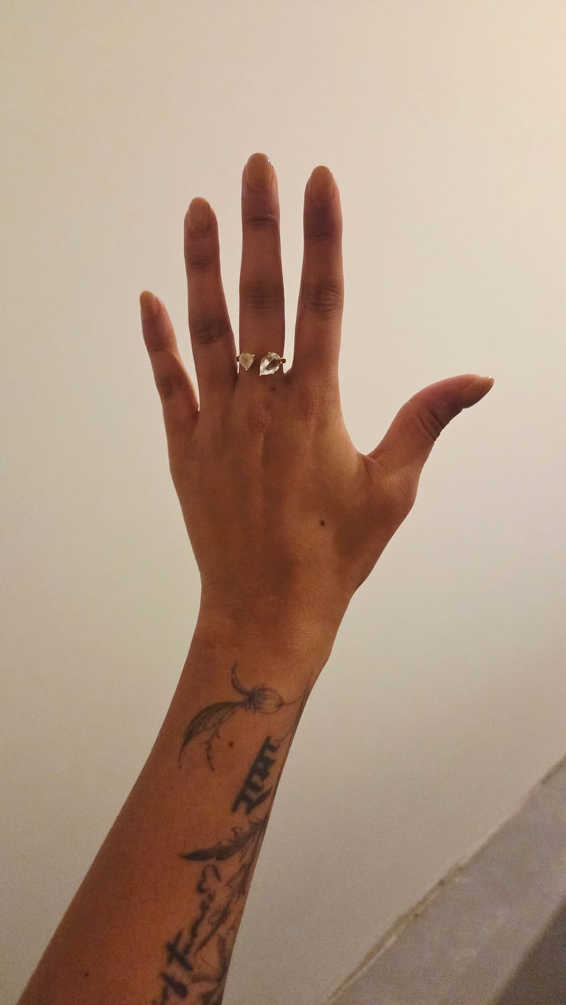 Customer photo review of Clear quartz + Rose quartz 14K adjustable ring
