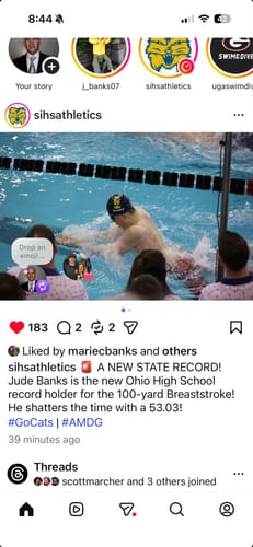 Reviewer's shared screenshot of a social media post celebrating a swimmer's new record.