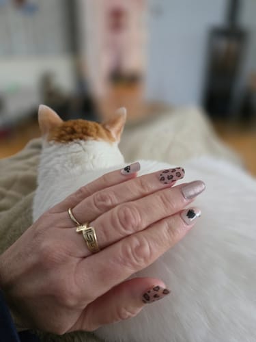 Hand einer Kundin, die ihre Maniküre mit „Wild Elegance“ UV-Gelfolien und passenden Aufklebern zeigt.