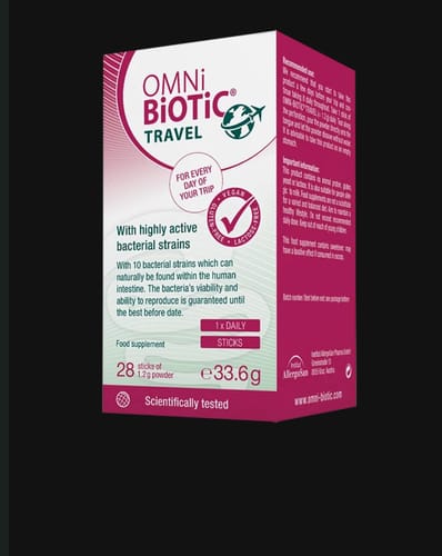 Kundenfoto: Die weiß-magentafarbene Schachtel der OMNi-BiOTiC TRAVEL Sticks.