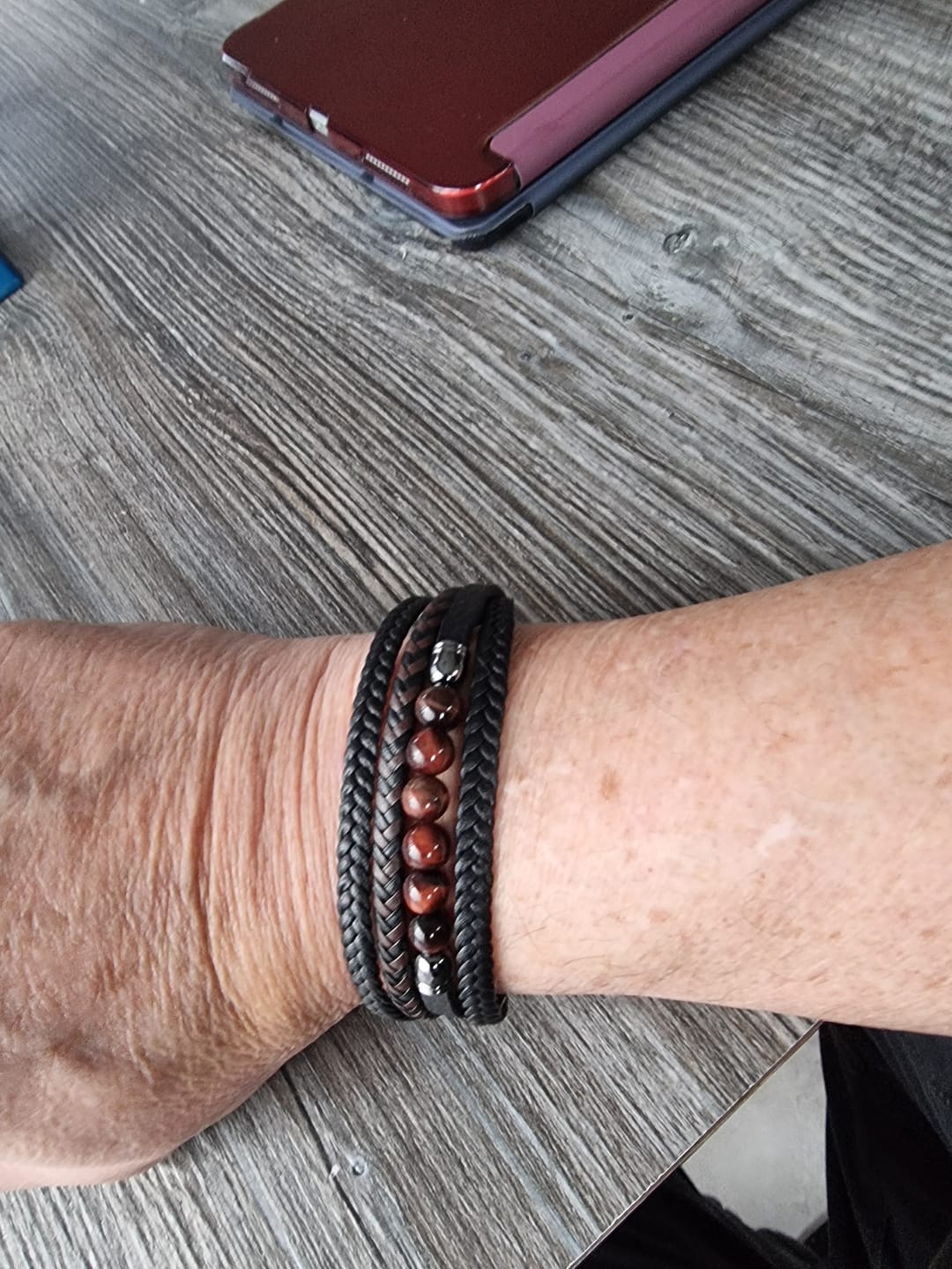 Customer photo review of Buddha Stones Tiger Eye Lava Rock Black Onyx Lazurite Hematite Bead Positive Leather Bracelet