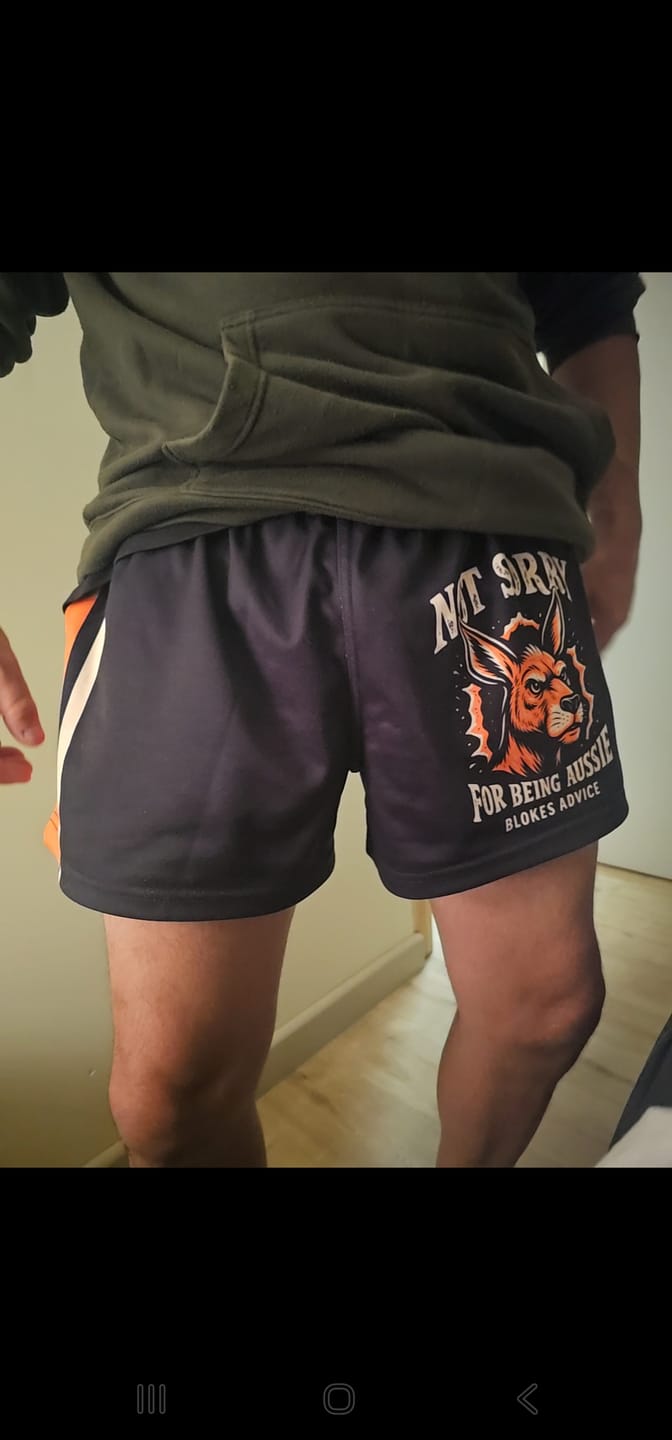 Customer photo review of Not Sorry Footy Shorts
