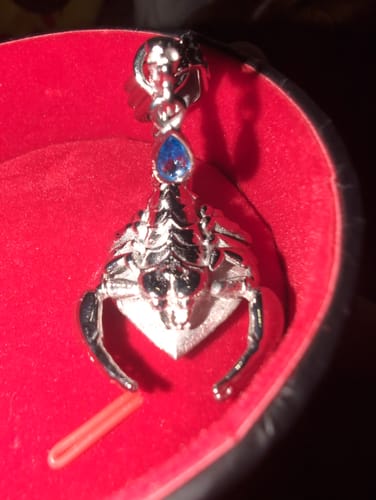 Customer's silver Scorpio Zodiac Pendant with a prominent blue gem, shown inside its red jewelry box.