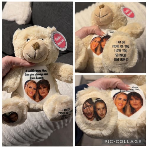 Customer photo review of A Cuddle from Heaven Personalised Photo Teddy Bear