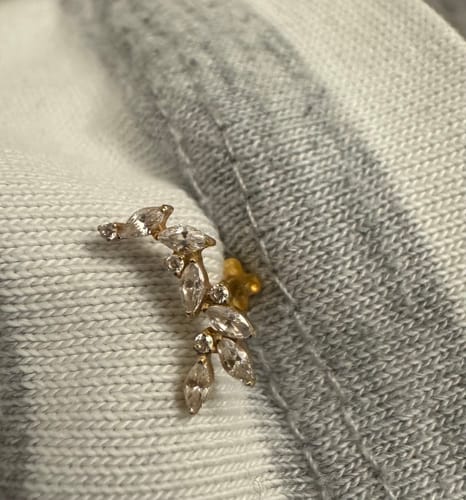 Customer's close-up of the Climbing ivy flatback gold earring, showing the detailed crystals and gold backing.