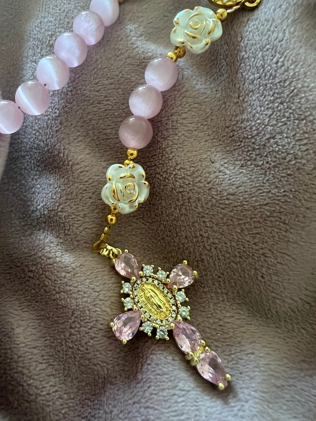 Customer photo review of FREE Today: Cat's Eye & Rose Devotion Rosary in Lavender & Pink: Holy Mother Centerpiece for Gentle Prayer