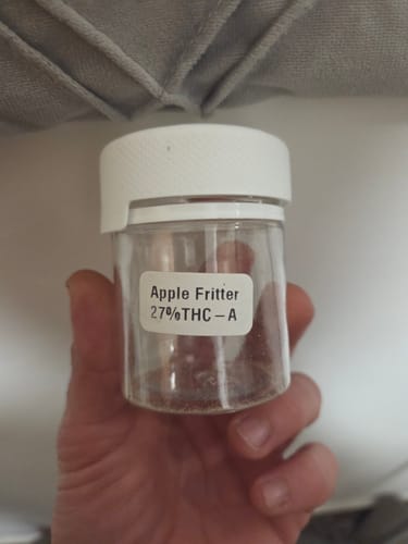 Reviewer holding the empty product jar for Apple Fritter 27% THCA.