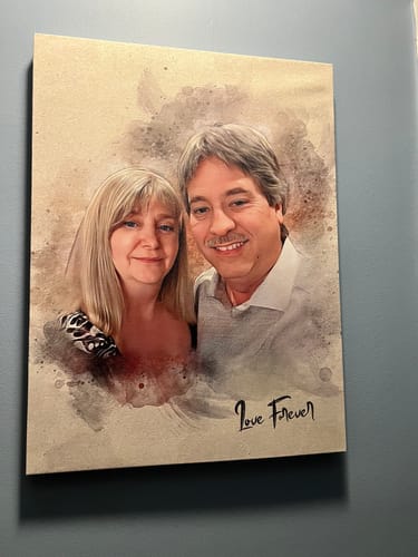 Customer's personalized photo painting of a couple in a watercolor style, with 'Love Forever' written below.