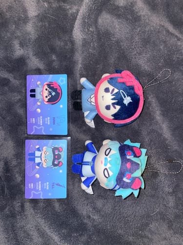 Customer's two cute Alien Stage plush toys and their matching ID cards from the blind box series.