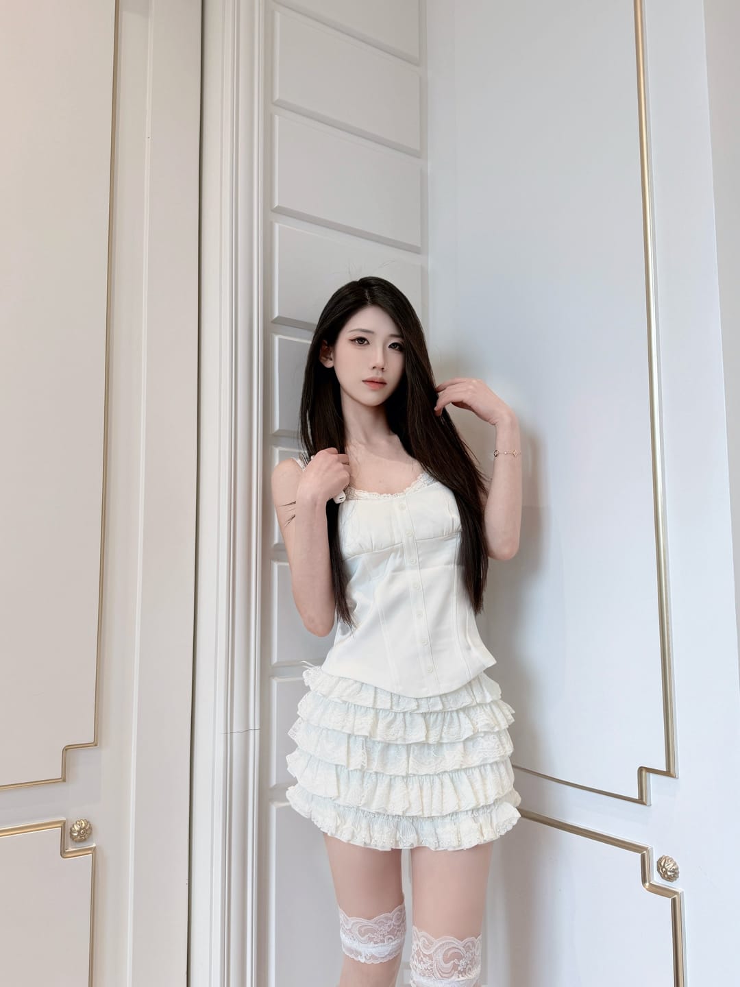 Customer photo review of WARDEN EDGE Lace-Trim Cami Top and Layered Ruffle Mini Skirt Set
