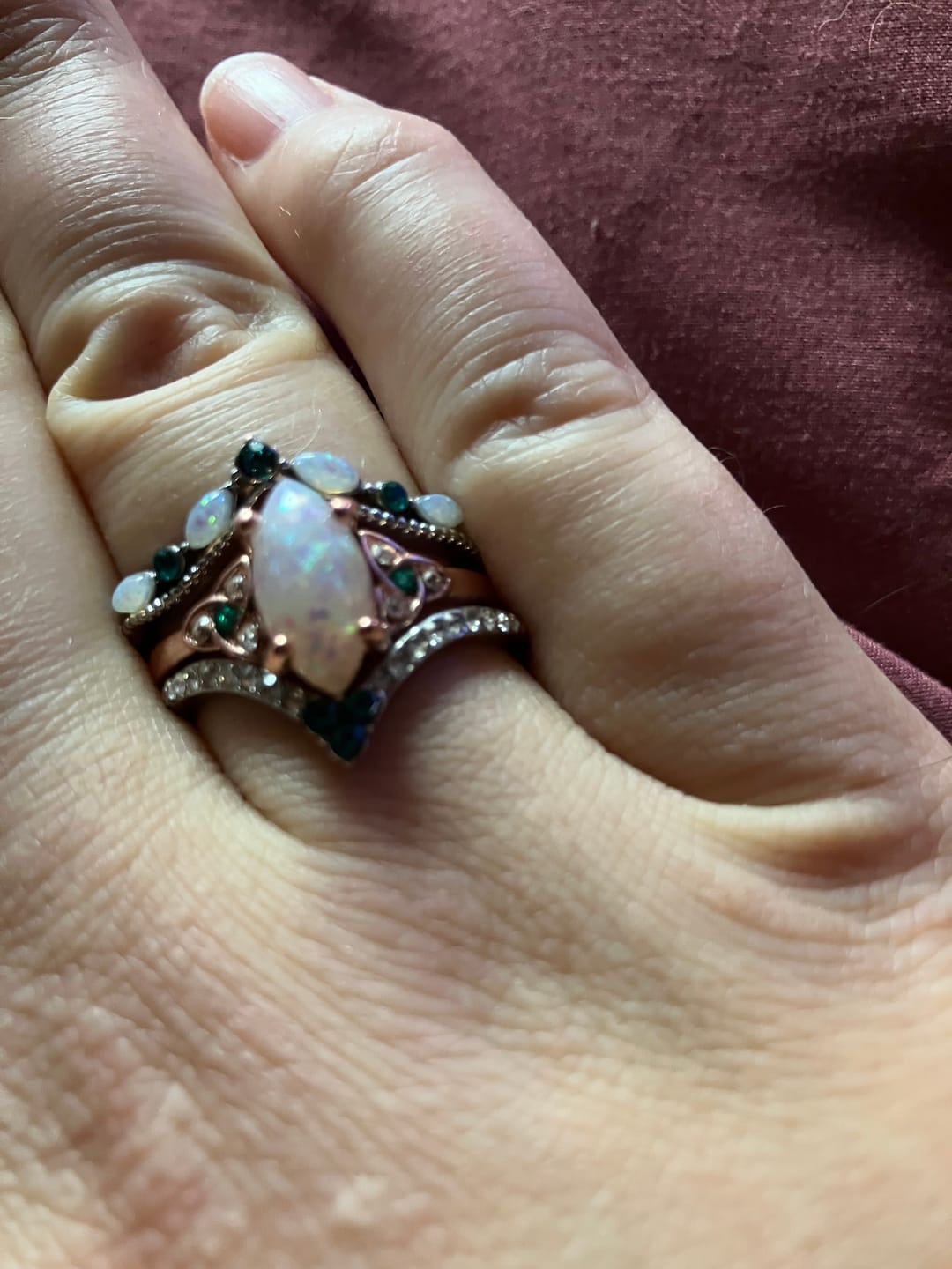 Customer photo review of FREE Today: Marquise Opal and Emerald Three-Piece Ring Set