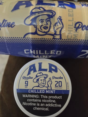 Customer's can of ALP Chilled Mint Nicotine Pouches shown with a multi-pack roll in the background.