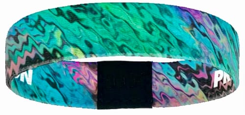 Customer's colorful Progress Not Perfection Interactive Bracelet showing the abstract outer design.