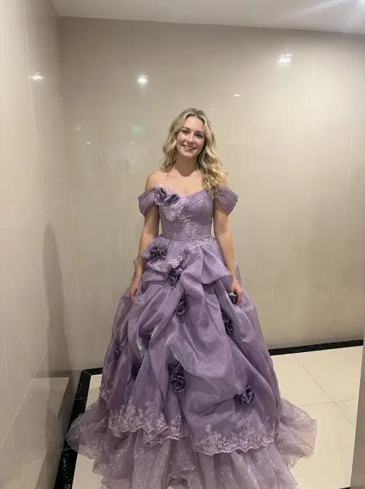 Customer photo review of Romantic Lavender Purple Tiered Gown with Floral Appliqué –  Strapless Evening Dress with Corset Back and Lace Plus Size