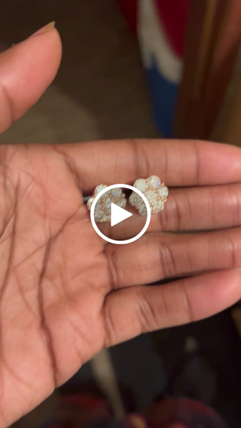 Customer video review of VVS Moissanite Cluster Flower Stud Earrings 8MM-15MM Screw Back Hip Hop