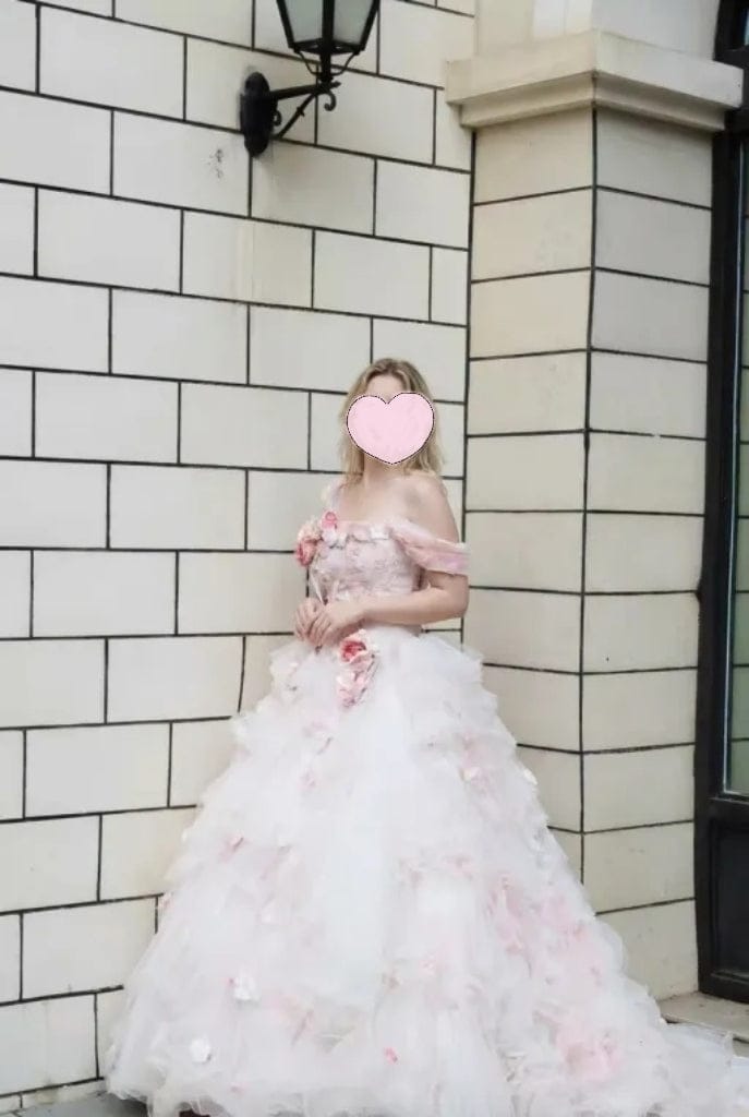 Customer photo review of Pink Fairytale Layered Tulle Ruffle Dress with Floral Appliqué – Floral Evening Dress with Corset Back and Bow Detail Plus Size