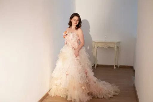Customer photo review of Pink Fairytale Layered Tulle Ruffle Dress with Floral Appliqué – Floral Evening Dress with Corset Back and Bow Detail Plus Size