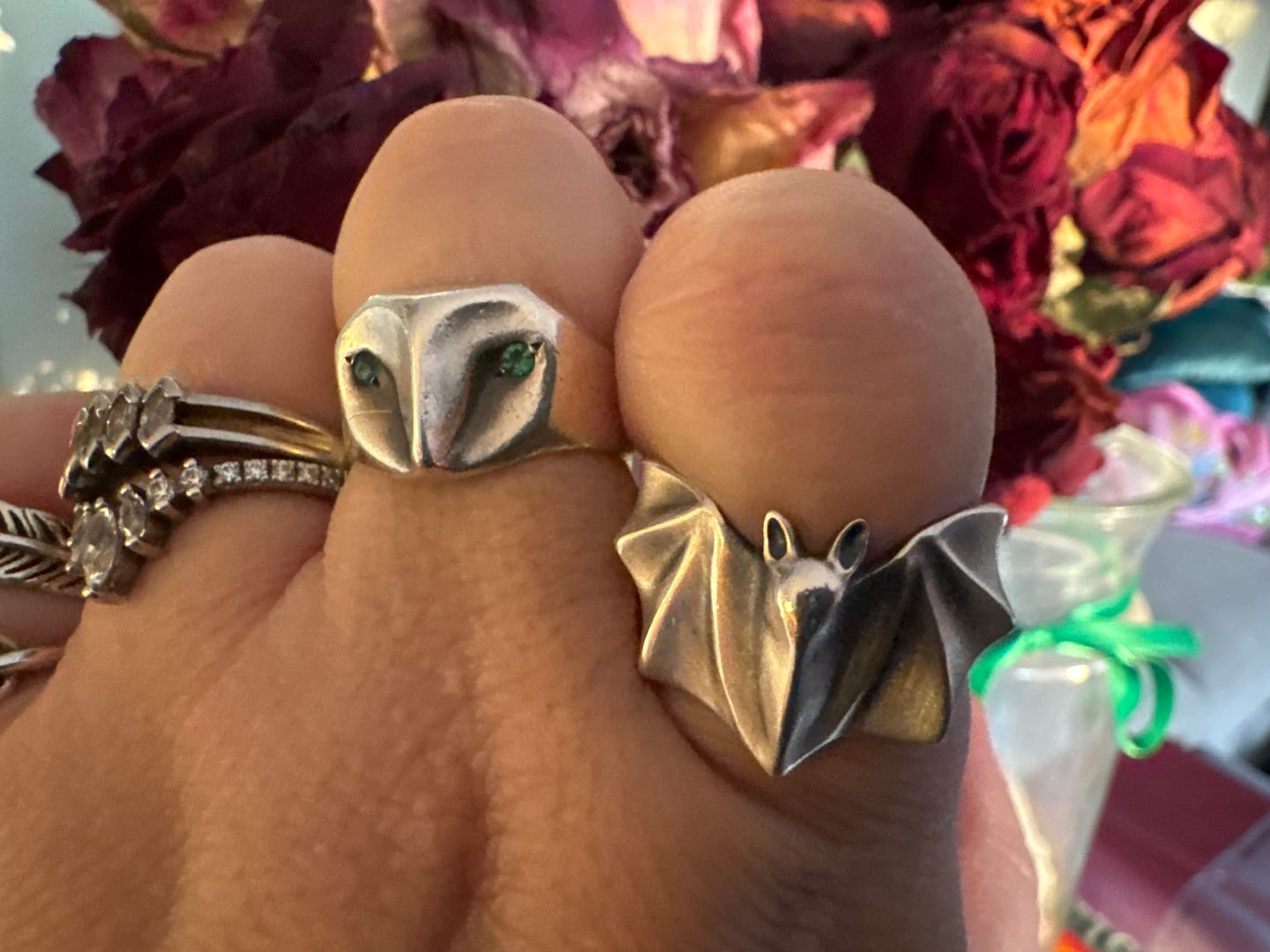 Renee C. wearing the Silver Bat Ring with Black Diamonds