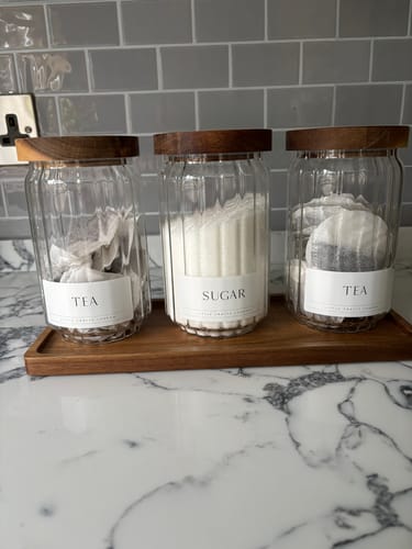 Customer photo review of Ribbed Set of 3 Acacia Glass Jars Tea, Coffee and Sugar 750 ML & Rectangle Tray