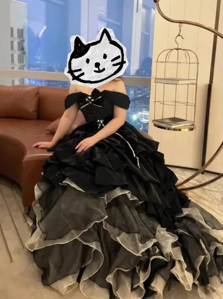 Customer photo review of Black Gothic Ball Gown with Velvet Bows – Strapless Layered Tulle Ruffle Dress Plus Size