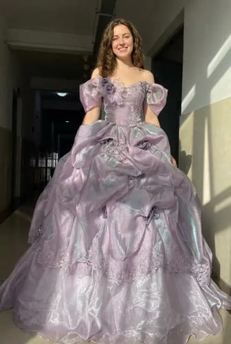 Customer photo review of Romantic Lavender Purple Tiered Gown with Floral Appliqué –  Strapless Evening Dress with Corset Back and Lace Plus Size