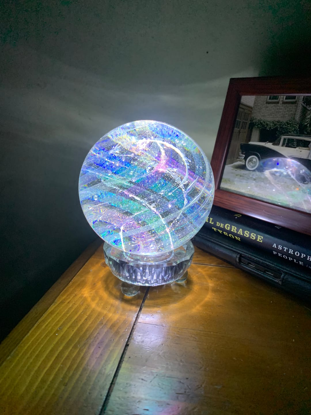 Customer photo review of Illuminated Dichroic Rainbow Orb with Cremains