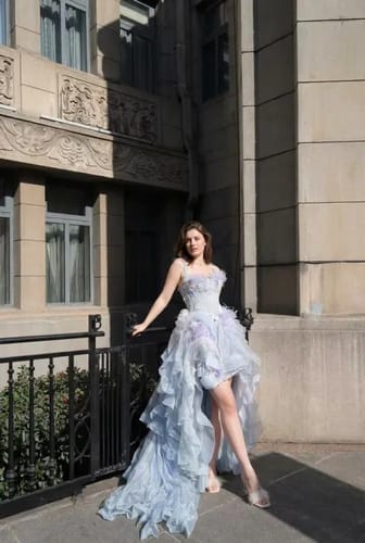 Customer photo review of Blue and Purple High Low Dress with Floral Appliqué and Tulle – Strapless Evening Dress with Corset Back Plus Size