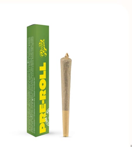 Customer's ROLLZ THCA Pre-Roll standing next to its tall green and yellow box against a white background.