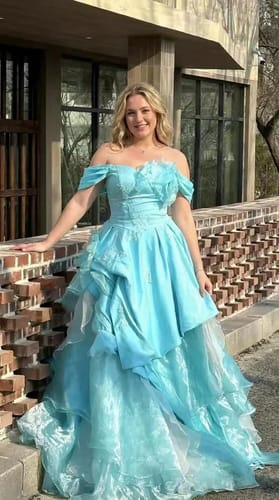 Customer photo review of Blue Ball Gown with Floral Appliqué – Strapless Layered Tulle Ruffle Dress with Lace-Up Back Plus Size