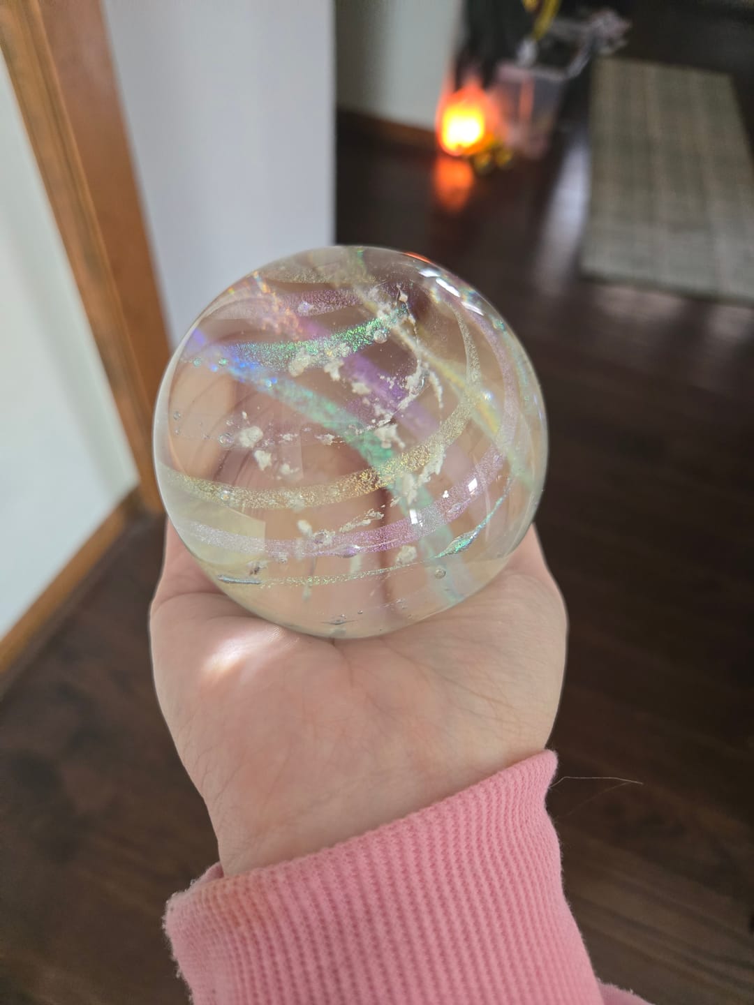 Customer photo review of Illuminated Dichroic Rainbow Orb with Cremains